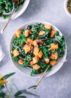 A green kale salad with orange squash with cranberries and pumpkin seeds