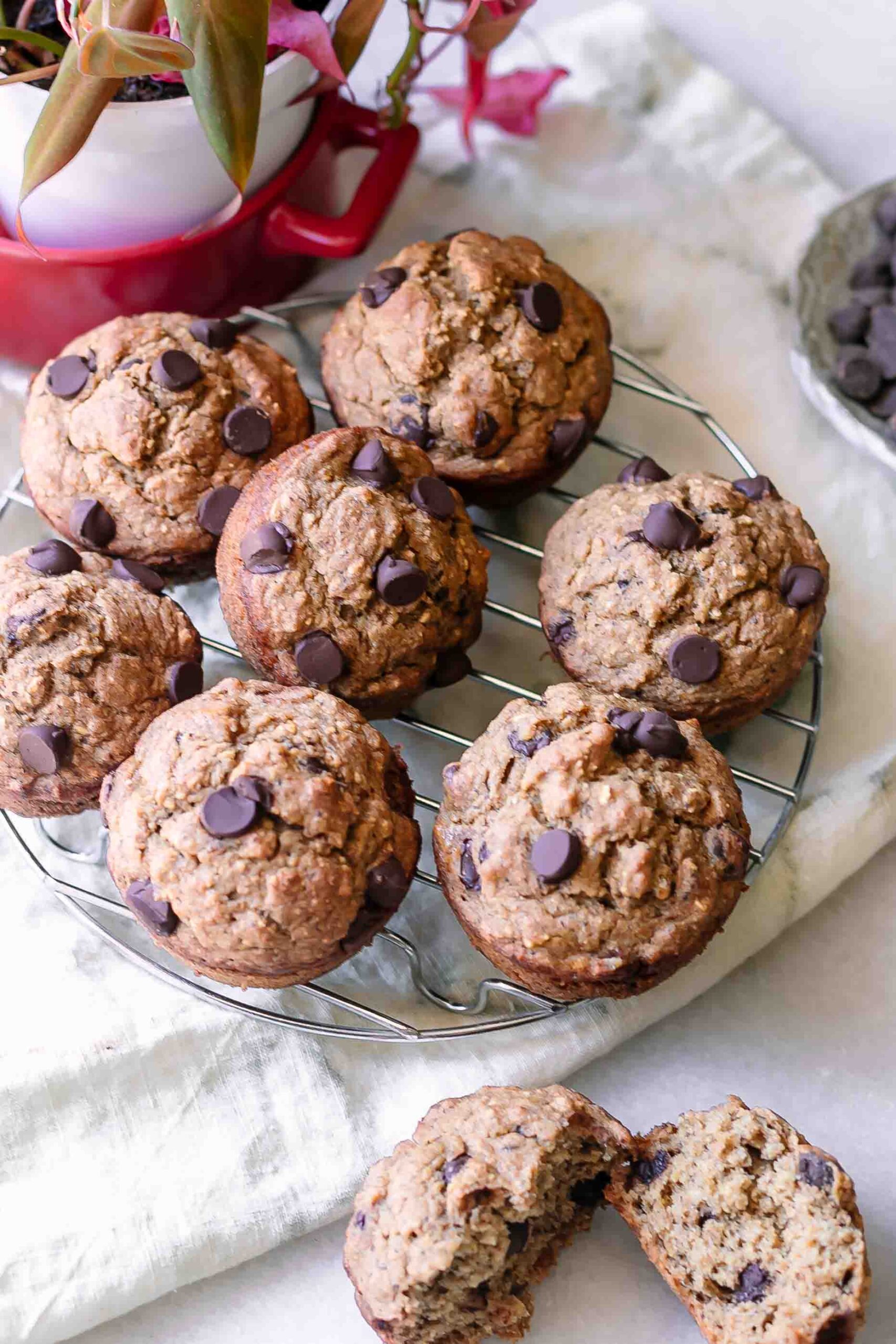 chocolate banana bread muffins on a white table