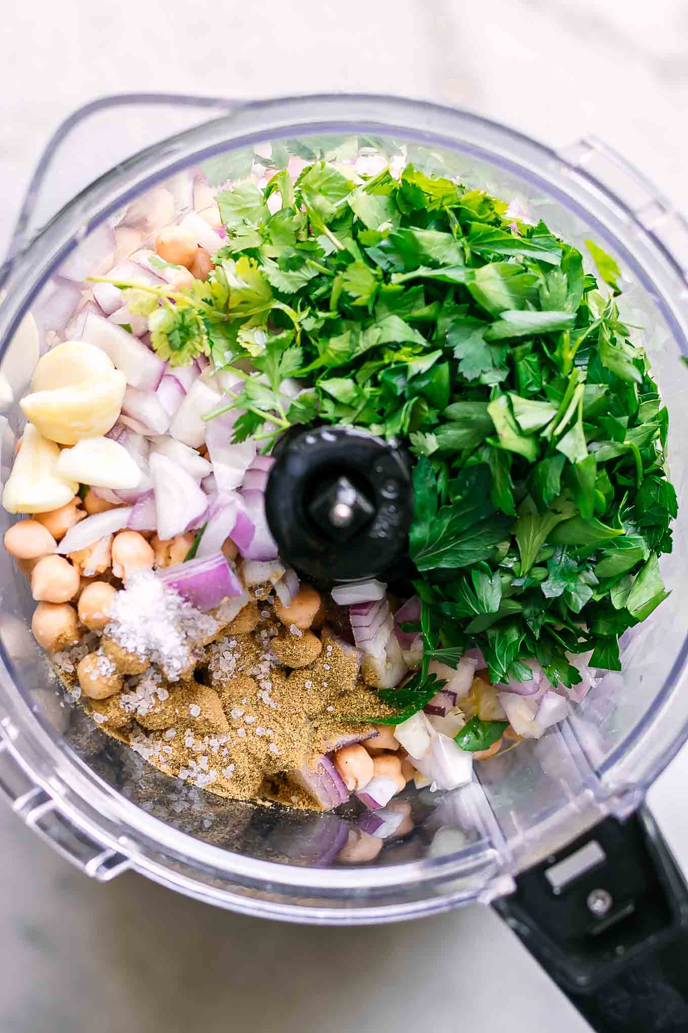 falafel ingredients in a food processor before blender