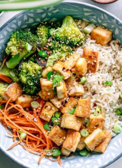 a bowl with brown rice, tofu, broccoli, carrots, and onions