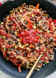 a quinoa bowl with black beans, bell peppers, onion, sun-dried tomatoes, and spicy harissa sauce on a white table with a gold fork