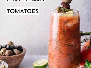 a bloody mary cocktail in a glass with olives and the words "how to make bloody mary mix from fresh tomatoes" in black and white writing