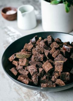 bowl filled with fresh homemade pumpernickel croutons