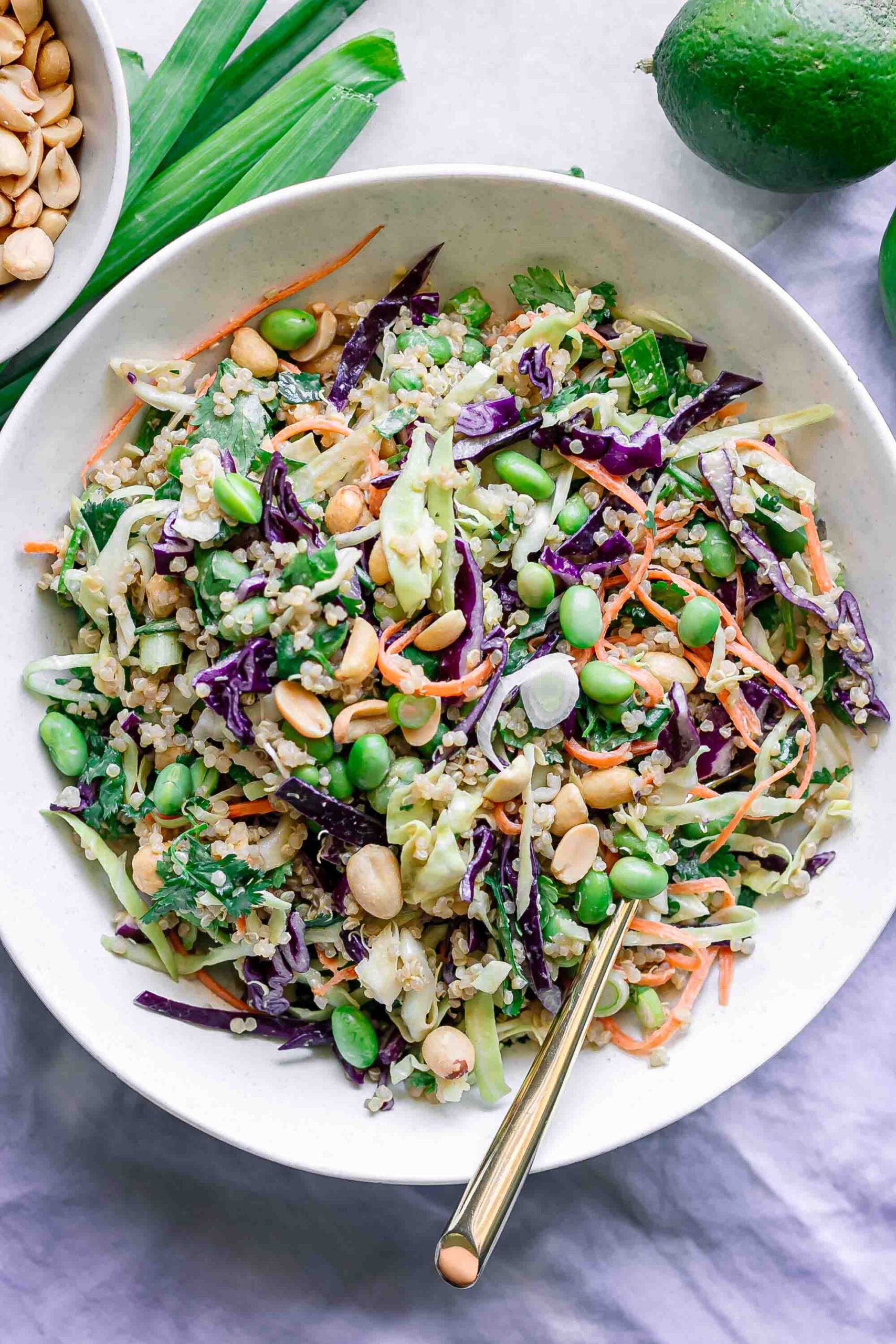 a white bowl with a cabbage and quinoa salad with a gold fork on a white table