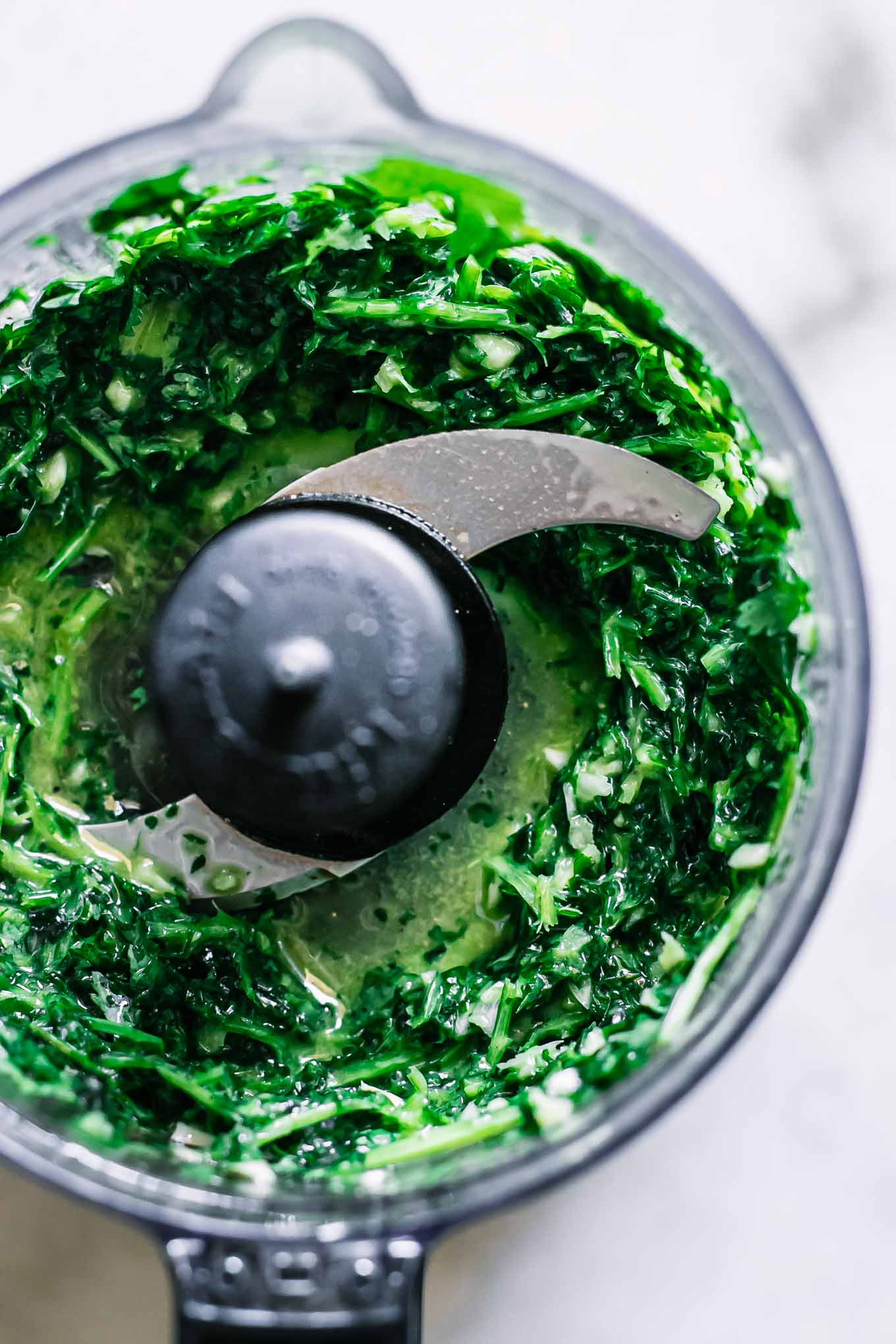 a food processor with blended herbs and spices