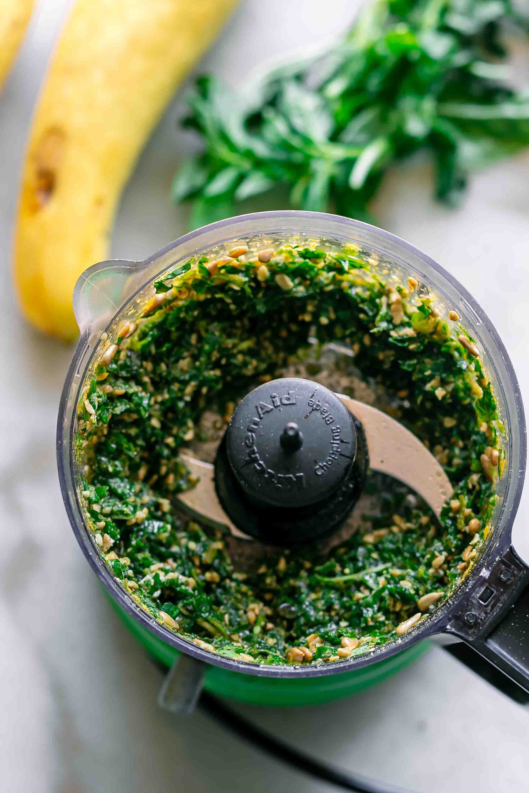sunflower seed pesto inside a food processor
