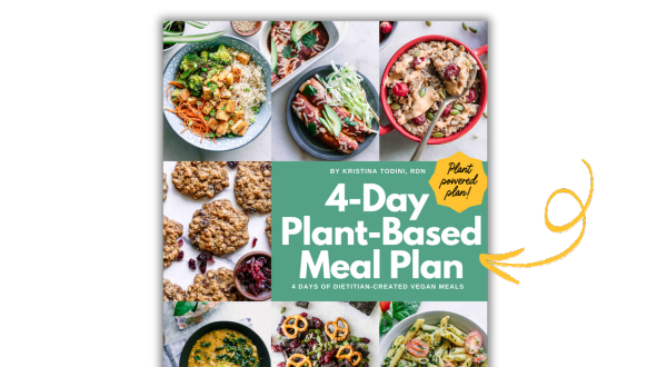 a mockup of a 4-day plant-based meal plan with an orange arrow